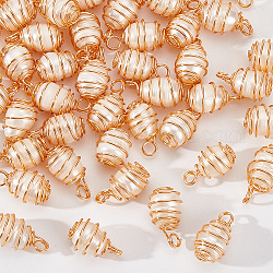 Pendenti avvolti in filo di rame naturale coltivato con perle d'acqua dolce, ciondoli di riso, oro chiaro, 50mm, Foro: 15~17x8.5~9.5 mm