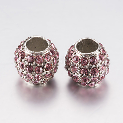 Perles européennes en alliage avec strass, Perles avec un grand trou   , rondelle, platine, rose, 10.5x9.5mm, Trou: 5mm