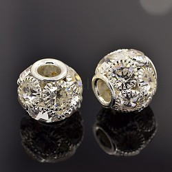 Brass Grade A Rhinestone European Beads, Rondelle, Silver Color Plated, 14x12mm, Hole: 5mm