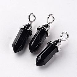 Balles pendentifs obsidienne naturelles, avec pendentif en alliage aléatoire de ton platine bélières de capuchon de perles hexagonales, 27~31x10x8mm, Trou: 4x3mm
