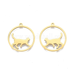 Ion Plating(IP) 201 Stainless Steel Pendants, Ring with Cat, Real 18K Gold Plated, 27x25x1.5mm, Hole: 1.4mm