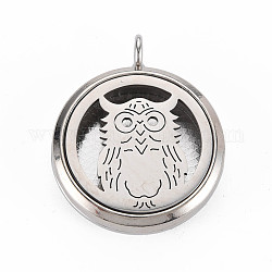Alloy Diffuser Locket Pendants, with Stainless Steel Cover and Magnet, Magnetic, Cadmium Free & Nickel Free & Lead Free, Flat Round with Owl, Platinum, 36x30x6.5mm, Hole: 3.5mm, Inner Diameter: 23mm