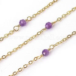 3.28 Feet Handmade Natural Amethyst Beaded Chains, Soldered, with Brass Findings, Real 18K Gold Plated, Long-Lasting Plated, 3mm