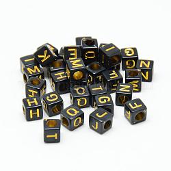 Opaque Plated Acrylic Beads, Metal Enlaced, Horizontal Hole, Mixed Letters, Cube, Golden Plated, 5.5~6x5.5~6x5.5~6mm, Hole: 3.5mm, about 3000pcs/500g