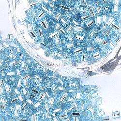 Стеклянный бисер класса а, шестигранник (два разреза), серебряная линия, Небесно-голубой, 1.5~2.5x1.5~2 мм, отверстие : 0.8 мм, около 2100 шт / упаковка, 450 г / мешок