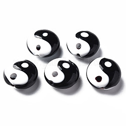 Perles vernissées manuelles, Plat rond avec tai ji, noir, 16x8~9mm, Trou: 1.5mm
