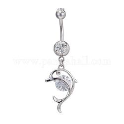 Piercing Jewelry Real Platinum Plated Brass Rhinestone Dolphin Navel Ring Belly Rings, Crystal, 51x16mm, Bar Length: 3/8