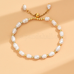 Pulsera deslizante con cuentas de acero inoxidable y perlas de imitación, dorado, diámetro interior: 2-1/8~2-3/4 pulgada (5.5~7 cm)