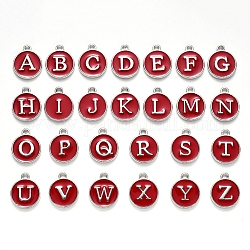 Буквица a ~ z алфавит эмалевые брелоки, плоские круглые диски двусторонние брелоки, платиновое покрытие, эмалированные подвески из сплава с пайетками, темно-красный, 14x12x2 мм, отверстие : 1.5 мм, 26 шт / комплект