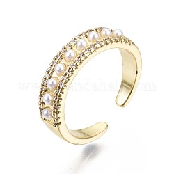 Brass Micro Pave Clear Cubic Zirconia Cuff Rings, Open Rings, with ABS Plastic Imitation Pearl, Nickel Free, Real 16K Gold Plated, Inner Diameter: 17mm
