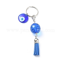 Porte-clés mauvais œil au chalumeau, porte-clés à pompon en faux suède, avec des perles acryliques, Porte-clés fendus en fer, bleu, 10.7 cm