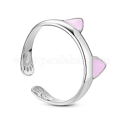 Shegrace niedlichen Design 925 Sterling Silber Ring, Manschettenringe, offene Ringe, mit Katzenohren, Platin Farbe, Perle rosa, 17 mm