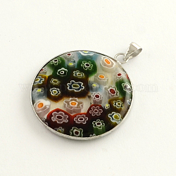 Handmade Millefiori Glass Pendants, with Platinum Tone Brass Findings, Flat Round, Colorful, 34x30x4mm, Hole: 4mm