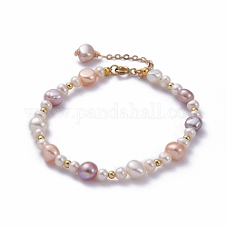 Natürliche Barockperlen Keshi Perlen Perlen Armbänder, mit runden Messingperlen und 304 Federringverschluss aus Edelstahl, Farbig, 7-1/2 Zoll (19 cm)