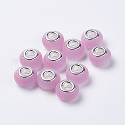 Perles européennes en alliage, avec couleur argent plaqué doubles noyaux de cuivre, imitation d'oeil de chat, mat, rondelle, perle rose, 14x8.5mm, Trou: 5mm