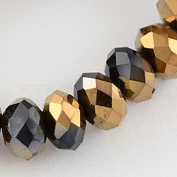 Electroplate Glass Bead Strands, Half Red Copper Plated, Faceted, Rondelle, Black, 6x4mm, Hole: 1mm, about 95pcs/strand, 15.7inch