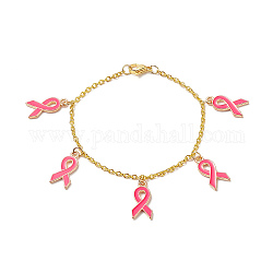 Charm-Armband aus rosafarbenem Emaille-Legierungsband mit Brustkrebs-Bewusstseinsband, Eisenschmuck für Frauen, golden, 7-7/8 Zoll (19.9 cm)