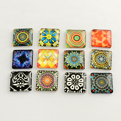 Floral Pattern Glass Flatback Square Cabochons for DIY Projects, Mixed Color, 15x15x5mm