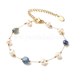 Bracelet en perles de lapis-lazuli naturel et de perles, bijoux en acier inoxydable plaqué or pour femme, 7-1/4~7-1/2 pouce (18.5~19 cm)