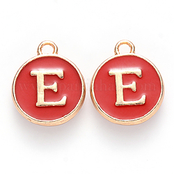 Golden Plated Alloy Enamel Charms, Cadmium Free & Lead Free, Enamelled Sequins, Flat Round with Letter, Red, Letter.E, 14x12x2mm, Hole: 1.5mm
