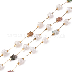 Chaînes perlées d'étoiles et de perles d'agate indienne naturelle, avec lesaccessoires en 2x0.5x0.1 acier inoxydable, Plaqué longue durée, soudé, avec bobine, or, lien: 5.5~7x5.5~6 mm, perle: 6x6~6.5x2.5~3 mm, étoiles: [1] mm