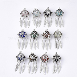 Alloy Cage Big Pendants, Hollow Round, with Synthetic Mixed Stone Round Beads, Antique Silver, Woven Net/Web with Feather, Mixed Color, 57~58x24x20.5mm, Hole: 8.5x3.5mm, Inner Diameter: 17mm, Bead: 15.5~16mm