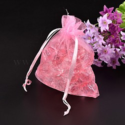 Organza Gift Bags, with Drawstring, Rectangle, Pink, 12x10cm
