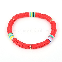 Bracelets élastiques faits à la main de perles heishi en pâte polymère, laiton séparateurs perles, rouge, diamètre intérieur: 2-1/2 pouce (6.3 cm)