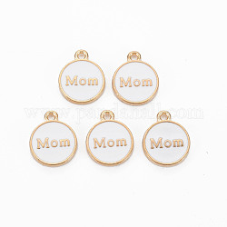 Alloy Enamel Charms, Cadmium Free & Lead Free, Light Gold, Flat Round with Mom, White, 14.5x12x2mm, Hole: 1.4mm