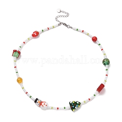 Cristal de quartz naturel et jade mashan teint et collier de perles au chalumeau, boîte-cadeau et arbre et bonhomme de neige collier de noël pour les femmes, colorées, 16.30 pouce (41.4 cm)