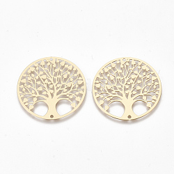 Brass Links connectors, Etched Metal Embellishments, Flat Round with Tree, Light Gold, 30x0.3mm, Hole: 1.2mm
