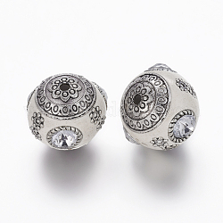 Handmade Indonesia Beads, with Brass Findings and Rhinestones, Round, White, Size: about 18mm in diameter, hole: 2mm