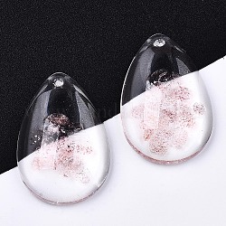 Transparente Glas-Anhänger, mit natürlichen Rosenquarz-Chipperlen im Inneren und Epoxidharzboden, Träne, 30x20x8 mm, Bohrung: 1.5 mm