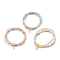 Perles de rocaille de verre bracelets multi-brins, avec 304 breloques croix en acier inoxydable plaqué or, couleur mixte, diamètre intérieur: 2-3/8 pouce (5.9 cm)