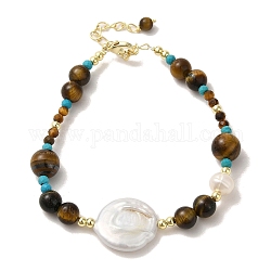 Bracelets de perles naturelles, d'oeil de tigre et de perles synthétiques turquoise, avec fermoirs en laiton, véritable 14k plaqué or, 7 pouce (17.7 cm)