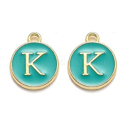 Golden Plated Alloy Enamel Charms, Enamelled Sequins, Flat Round with Alphabet, Letter.K, Green, 14x12x2mm, Hole: 1.5mm