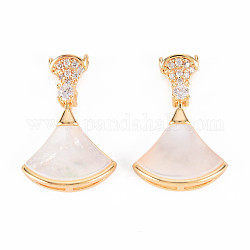 Brass Micro Pave Clear Cubic Zirconia Pendants, with Freshwater Shell, Nickel Free, Small Skirt, Real 18K Gold Plated, 24x16x4mm, Hole: 1mm