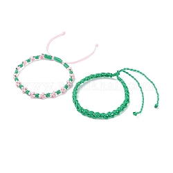 2本2色ピーチブロッサム編組コードブレスレット  女性のための友情幸運な調節可能なブレスレット  春の緑  内径：2-1/4インチ（5.6cm）〜4-1/4インチ（10.9cm）