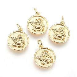 Charms in ottone, con anello di salto, piatta e rotonda con angelo, oro, 15x13x2mm, Foro: 3 mm