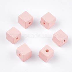Cuentas de madera natural pintada, cubo, rosa, 10x10x10mm, agujero: 2 mm