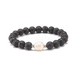 Bracelet extensible en perles naturelles et pierre de lave, bijoux de pierres précieuses d'huile essentielle pour les femmes, noir, diamètre intérieur: 2-1/8 pouce (5.4 cm)