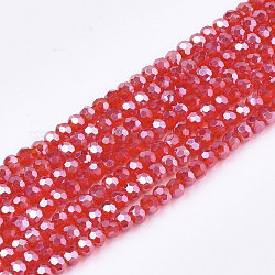 Chapelets de perles en verre électroplaqué, perle plaquée lustre, facette, rondelle, rouge, 2.5~3x2~2.5mm, Trou: 0.6mm, Environ 196 pcs/chapelet, 19 pouce