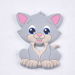 Food Grade Eco-Friendly Silicone Kitten Cabochons, Chewing Beads For Teethers, DIY Nursing Necklaces Making, Cartoon Cat, Light Grey, 90~91x64x9.5mm