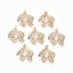 Brass Cubic Zirconia Peg Bails Pendants, for Half Drilled Bead, Nickel Free, Leaf, Real 18K Gold Plated, Clear, 19x18x5mm, Hole: 4x3mm, Pin: 0.8mm(for half drilled beads)