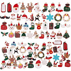40 stücke weihnachten legierung emaille anhänger, mit Strass, weihnachtsmann & schneeflocke & weihnachtsbaum & rentier/hirsch, für schmuck ohrring geschenk machen handwerk urlaub dekoration, Mischfarbe, 17x13 mm ~ 28x17 mm, Bohrung: 2 mm