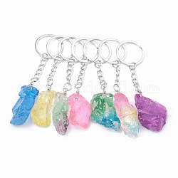 Dyed Natural Quartz Crystal Keychain, with Iron Findings, Nugget, Platinum, Mixed Color, 105~115mm, Pendant: 45~55x15~30x8~20mm, Ring: 18x2mm