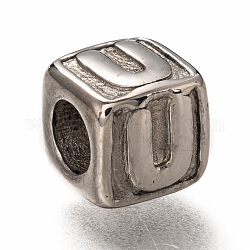 304 perline europei in acciaio inox, perline con foro grande, foro orizzontale, cubo con lettera, colore acciaio inossidabile, letter.u, 8x8x8mm, Foro: 4.5 mm