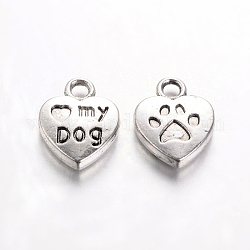 Charms colgantes de estilo tibetano, sin plomo y el níquel, corazón con la palabra love my dog, plata antigua, 13x10x3mm, agujero: 2 mm