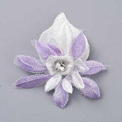 Lace Embroidery Costume Accessories, Applique Patch, Sewing Craft Decoration, with Crystal Rhinestone, Flower, Purple, 64x58x10mm