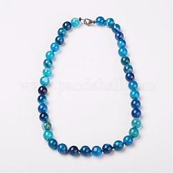 Colliers de perles en agate teintée naturelle, avec fermoirs mousquetons en laiton  , ronde, bleu, perles: 6 mm, 18.9 pouce (48 cm)